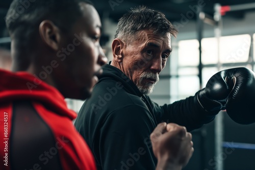An experienced boxing coach instructs a young fighter during an intense training session in the gym. photo
