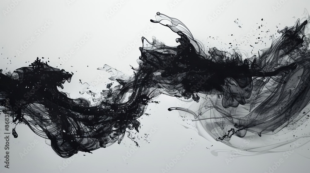 Abstract Black Ink Swirls on White Background