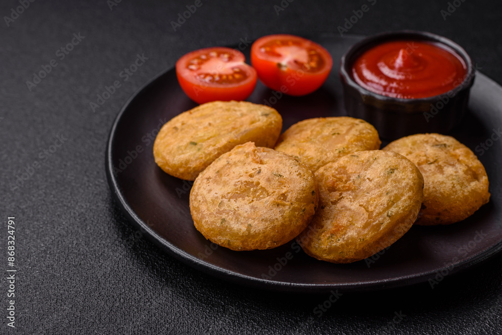 Round fish or chicken nuggets with salt and spices