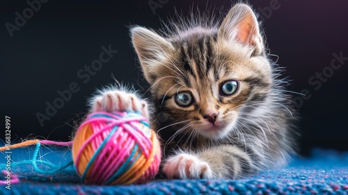A fluffy kitten with bright blue eyes plays with a colorful ball of yarn on a blue background. photo