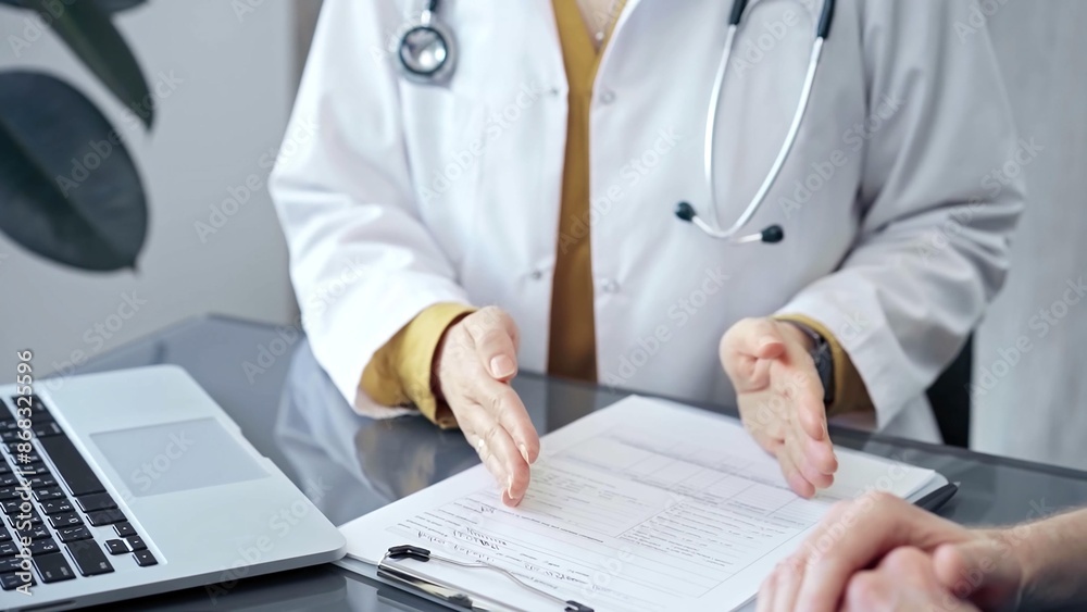 Doctor is talking with patient. Close-up of a doctor's hands ges Doctor is talking with patient. Close-up of a doctor's hands ges