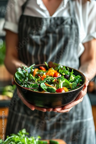 Fresh Vegetable Salad in Black Bowl with Striped Apron