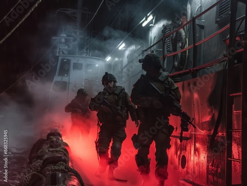 Navy SEALs conducting nighttime boarding operation on enemy ship.