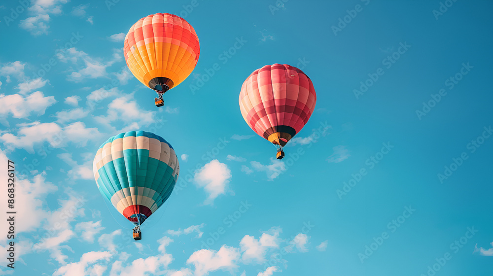 Fototapeta premium Hot air balloons on the sky in the morning, Magical view with hot air balloons, Colorful hot air balloons in blue sky, Colorful hot air balloons flying in blue sky, Few colorful, hot air balloons 