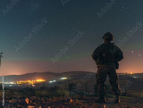 israel soldier standing guard military base surveillance outpost steel fence nighttime patrol 