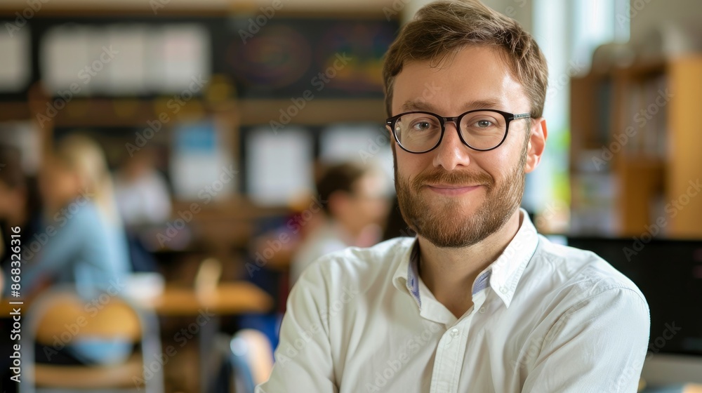 Portrait of confident computer science teacher in the classroom at high school. Portrait of confident computer science teacher in the classroom at high school.