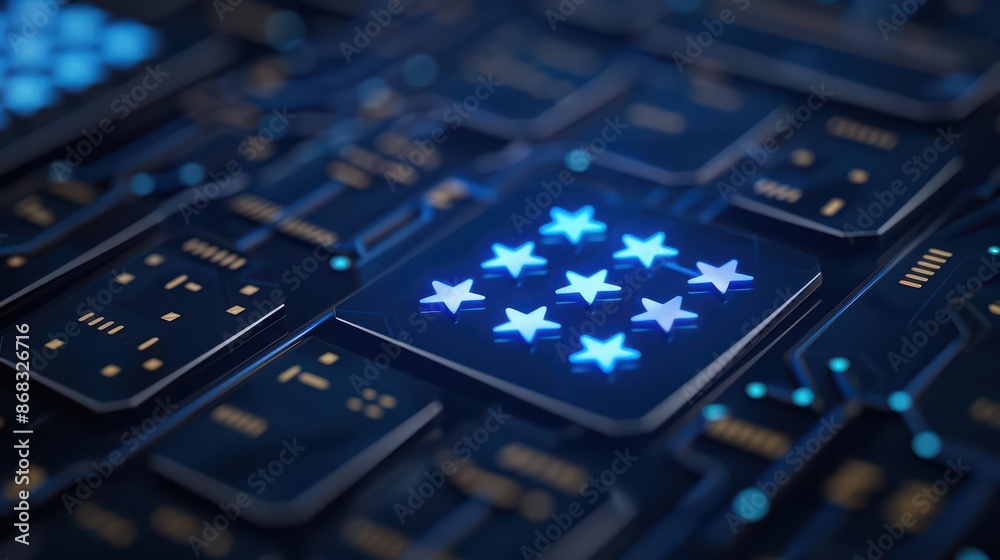 A contemporary cyber theme with glowing star ratings and advanced virtual feedback elements with copy space A contemporary cyber theme with glowing star ratings and advanced virtual feedback elements with copy space