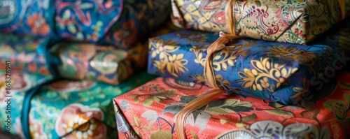 Colorful Ornate Wrapped Gifts with Golden Ribbon © Vlad