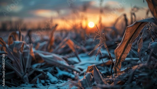 Scenic Sunrise over Snowy Cornfield in Winter