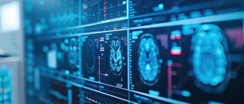 A contemporary medical center featuring holographic charts and streamlined digital elements with copy space A contemporary medical center featuring holographic charts and streamlined digital elements with copy space