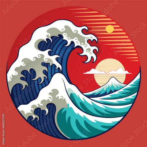 Japanese wave. Japanese big waves, raging ocean and vintage sea water vector illustration