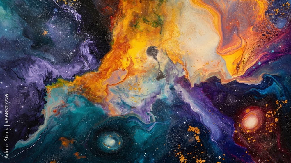 Fototapeta premium Abstract cosmic scene with vibrant colors, swirling patterns, and a range of celestial elements.