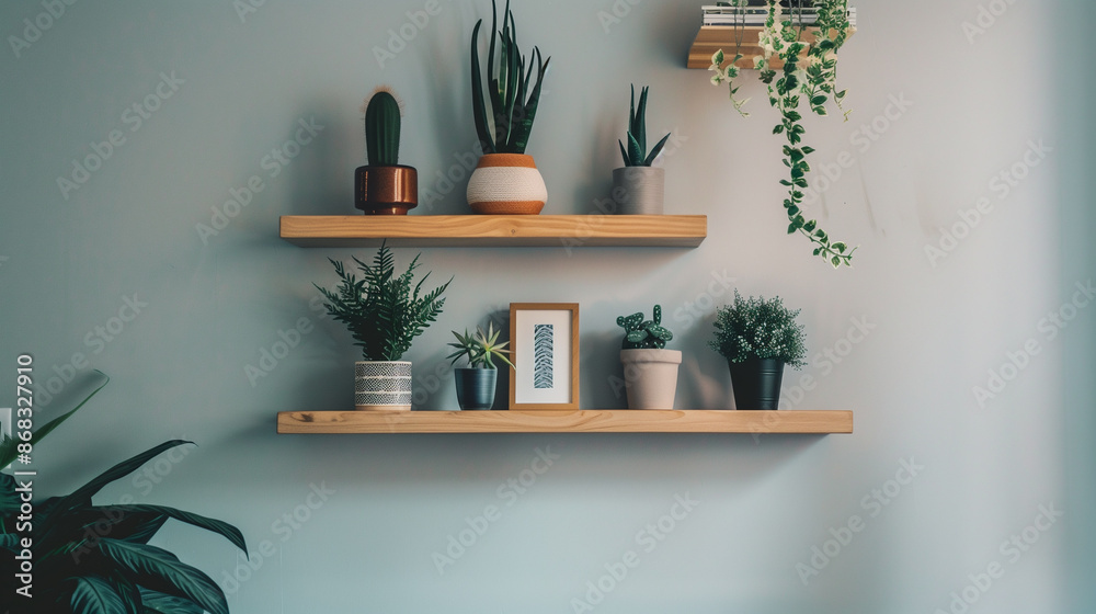 A clean, minimalist wall design featuring streamlined shelves with a carefully selected array of decor pieces. A clean, minimalist wall design featuring streamlined shelves with a carefully selected array of decor pieces.