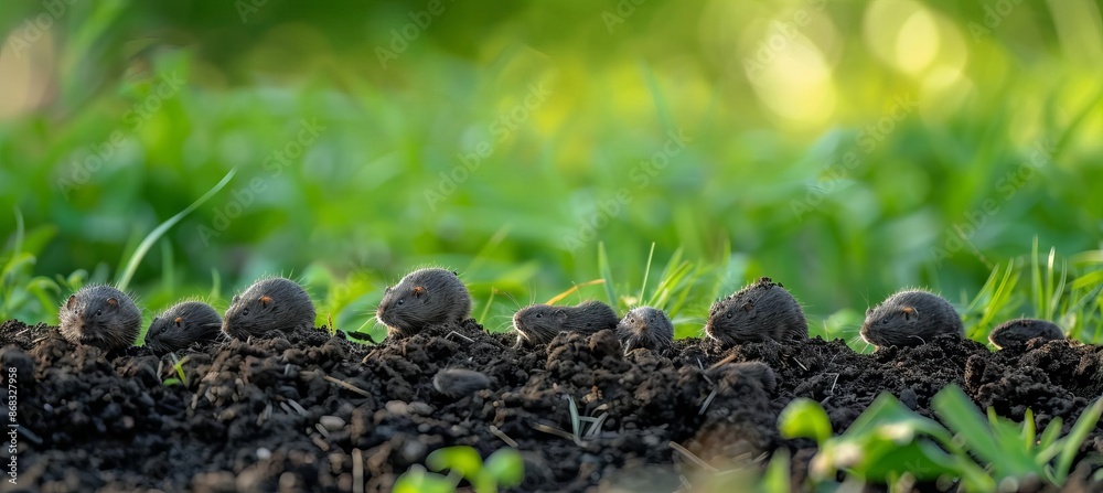 Mole Family on Fresh Soil with Green Background Mole Family on Fresh Soil with Green Background