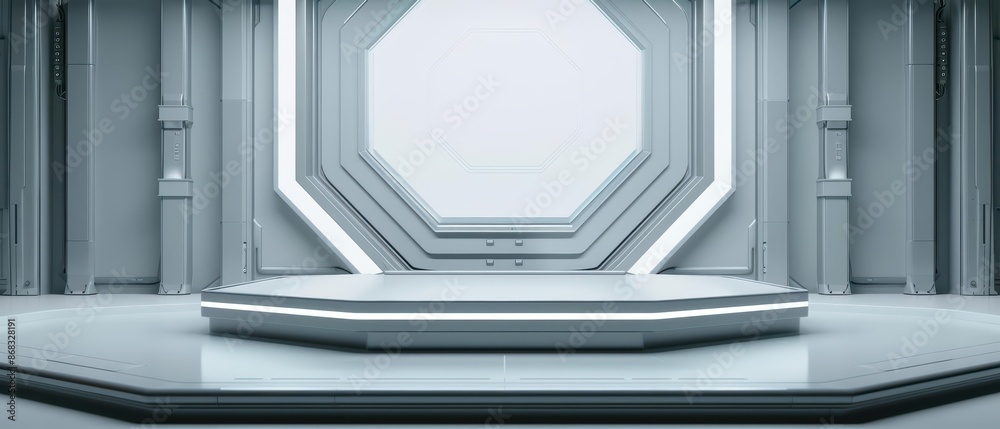 A futuristic auditorium featuring a sleek podium and digital screens set up for an important announcement with copy space A futuristic auditorium featuring a sleek podium and digital screens set up for an important announcement with copy space