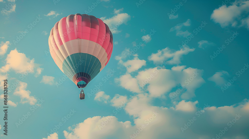 Fototapeta premium Colorful balloon over bright sky with clouds,Colorful hot air balloon flying in the blue sky,a brightly colored balloon in the blue sky against a background of white clouds 