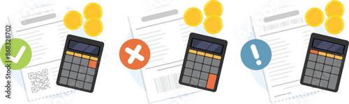 Payment receipt invoice icon, Successfully approved payment invoice and decline notice invoice with a check mark, Money coin with calculator, Payment receipt invoice bill vector icon set.