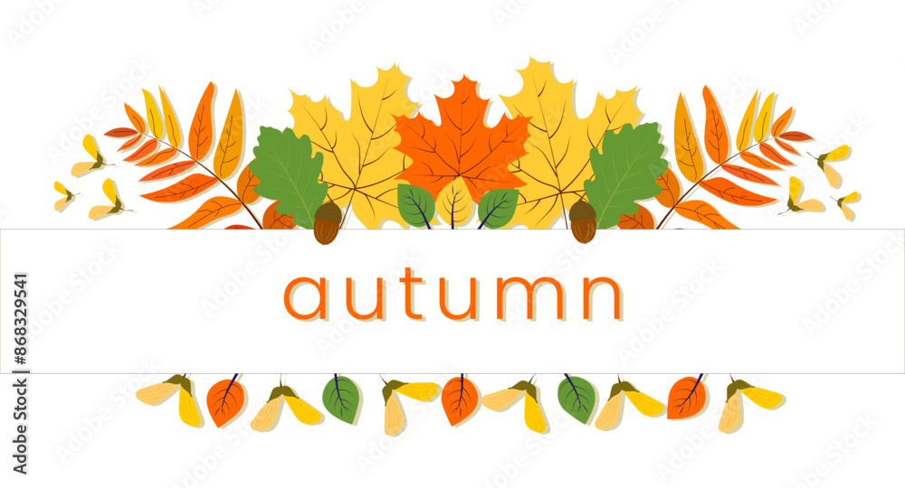 Frame with fall leaves, seeds and fruits. Autumn background with space for text. Vector illustration. Flat design Frame with fall leaves, seeds and fruits. Autumn background with space for text. Vector illustration. Flat design