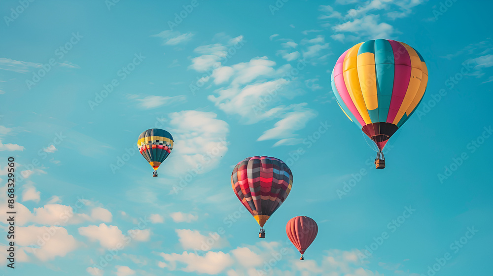 Obraz premium Hot air balloons on the sky in the morning, Magical view with hot air balloons, Colorful hot air balloons in blue sky, Colorful hot air balloons flying in blue sky, Few colorful, hot air balloons 