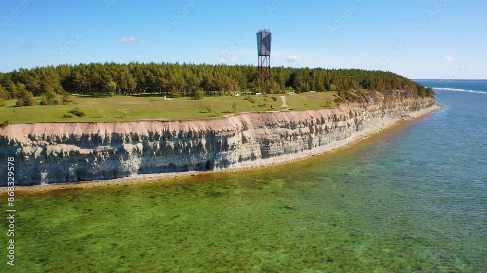 4K panoramic aerial video from flying drone to Panga coastal cliff and lighthouse , northern shore of Saaremaa island, near Kuressaare, Baltic Klint.Saaremaa , Estonia 4K panoramic aerial video from flying drone to Panga coastal cliff and lighthouse , northern shore of Saaremaa island, near Kuressaare, Baltic Klint.Saaremaa , Estonia