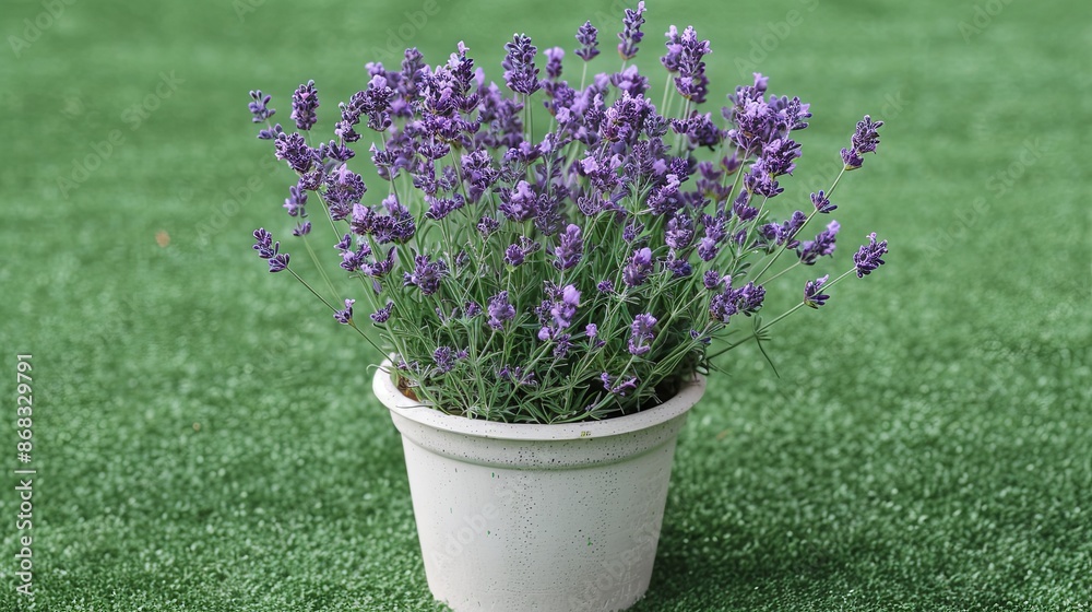 Beautiful Lavender Plant in White Pot on Green Grass Background