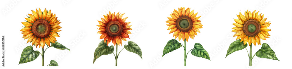 Obraz premium Four detailed illustrations of sunflowers with leaves, isolated on a transparent background, ideal for summer themes and nature-related design elements