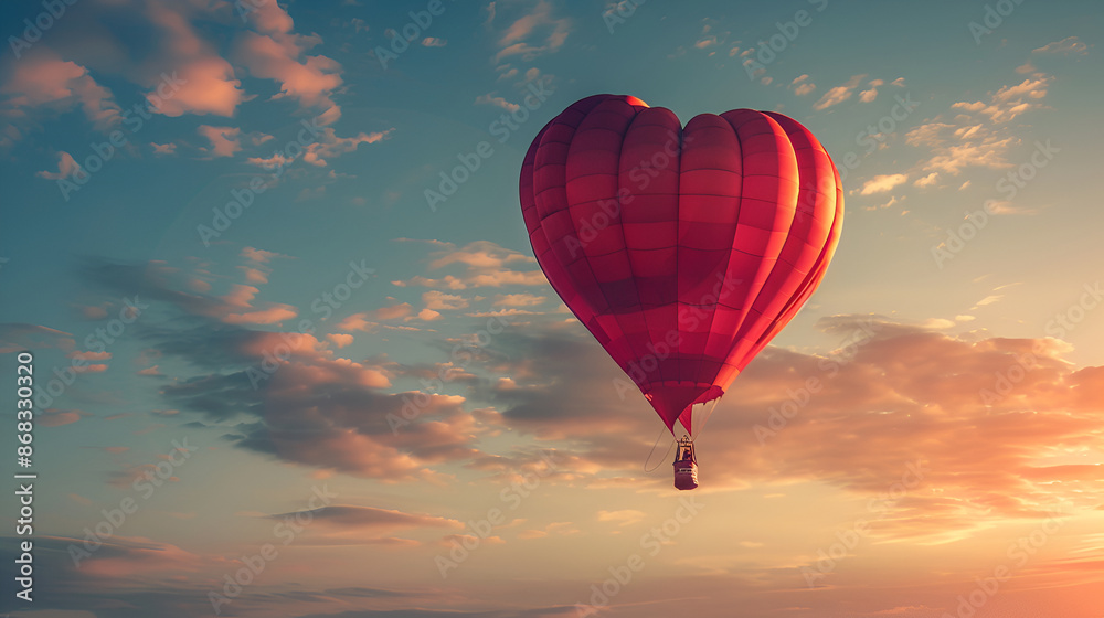 Obraz premium a single red balloon released into a cloudy sky,a red balloon floating high in a clear sky, red balloon and blue sky background with sun, symbol for joy and happiness 