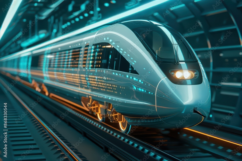 Naklejka premium A hightech banner showcasing a streamlined cyber train gliding through a holographic station with copy space