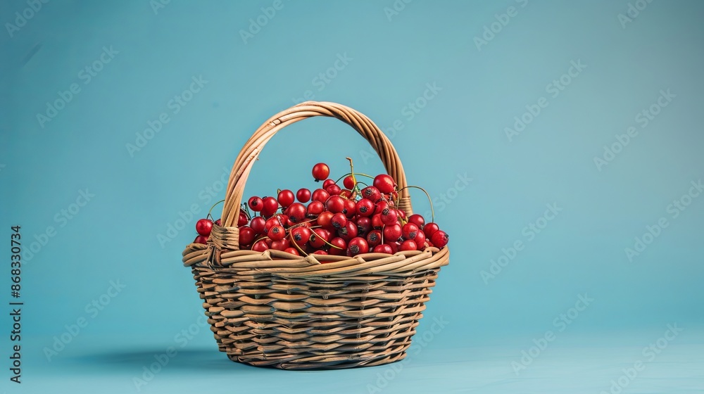 Freshly Picked Red Cherries in a Rustic Wicker Basket on Blue Background Freshly Picked Red Cherries in a Rustic Wicker Basket on Blue Background