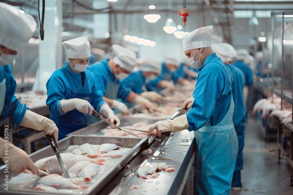 Workers Processing Fish in Industrial Facility with Blue Uniforms Workers Processing Fish in Industrial Facility with Blue Uniforms