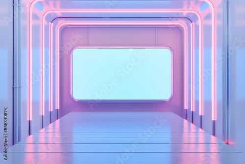 A hightech display area with an empty holographic ad space set against a minimalist background with copy space