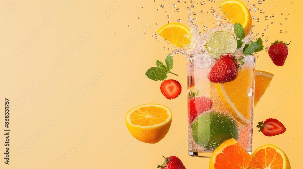 A lively beverage explosion featuring a mix of traditional and futuristic ingredients in a colorful array with copy space A lively beverage explosion featuring a mix of traditional and futuristic ingredients in a colorful array with copy space