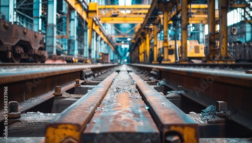 Industrial Train Tracks in Factory with Yellow Beams