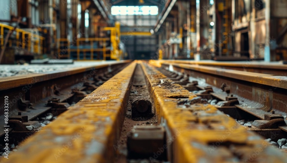 Industrial Railway Tracks in Yellow-Toned Factory Setting Industrial Railway Tracks in Yellow-Toned Factory Setting