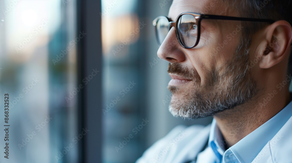 A doctor or scientist in white lab coat at window looking out thinking A doctor or scientist in white lab coat at window looking out thinking