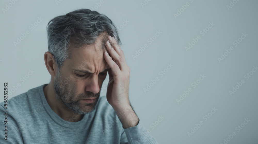 A mental health issues illness or migraine concept. Man holding head looking sad, despairing or distraught A mental health issues illness or migraine concept. Man holding head looking sad, despairing or distraught