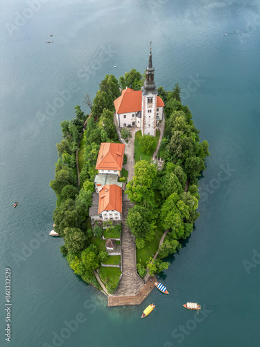 Island with the Blejski Otok church in Lake Bled, Slovenia photo