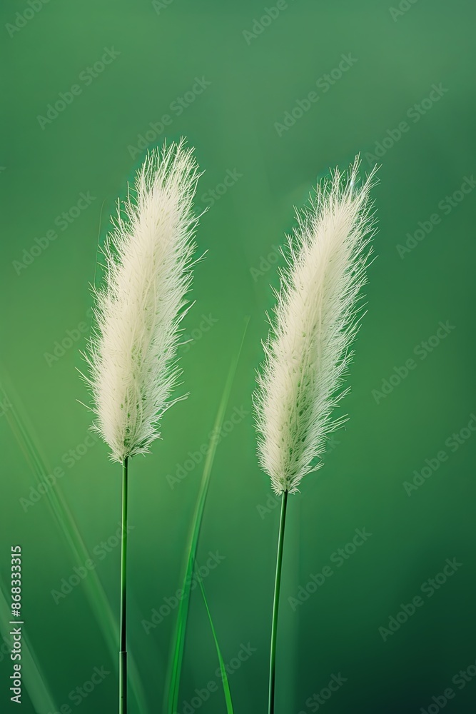 Fototapeta premium Two delicate white feather grass plumes against a vibrant green background. Minimalist nature photography with copy space.