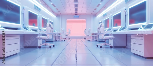 A minimalist office with sleek holographic displays and professionals working at cyber desks with copy space