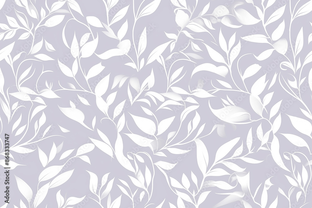 White leaves and branches on a soft lavender background, forming a seamless pattern with a calm and serene feel. White leaves and branches on a soft lavender background, forming a seamless pattern with a calm and serene feel.