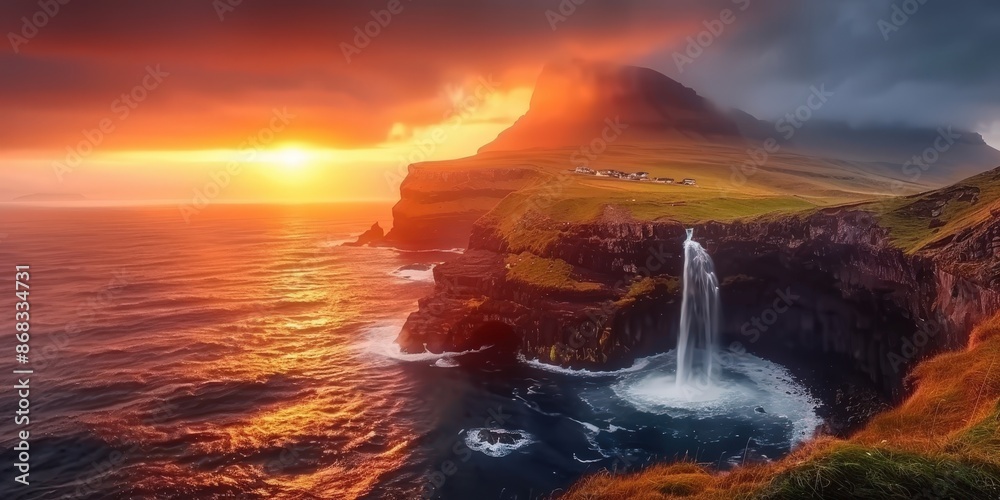 Naklejka premium Dramatic Sunset over a Waterfall on a Rugged Coastline