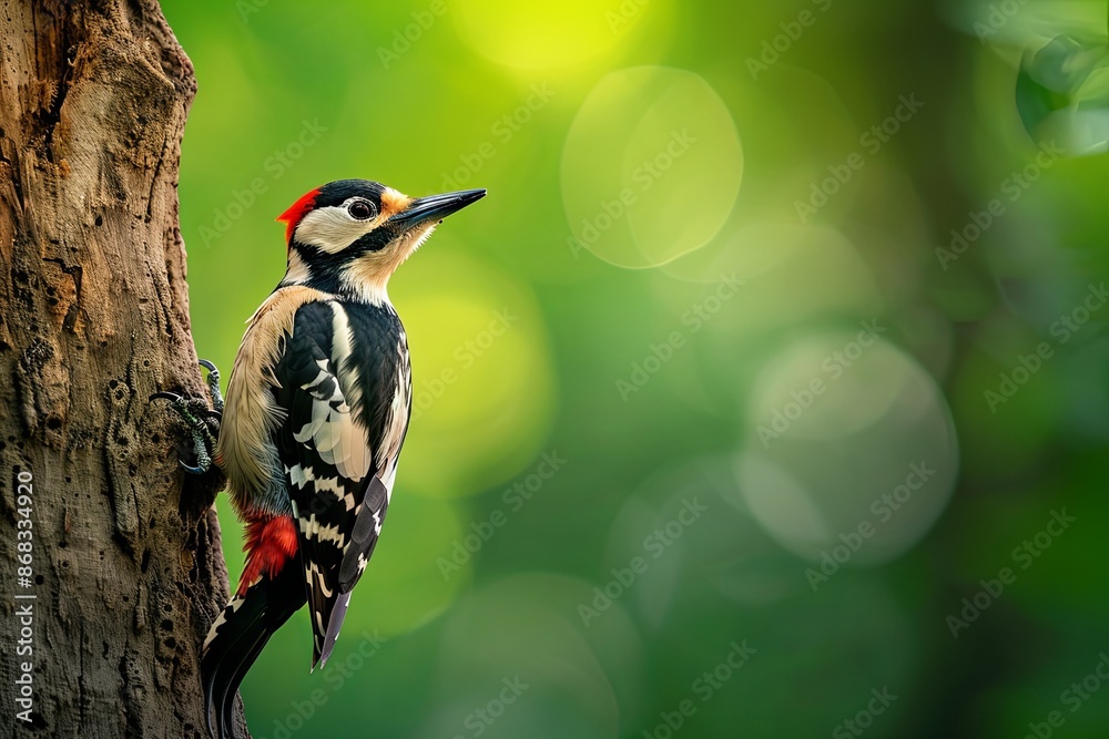 Great Spotted Woodpecker perched on a tree trunk in its natural habitat. Wildlife photography of European bird species. Ornithology, birdwatching.