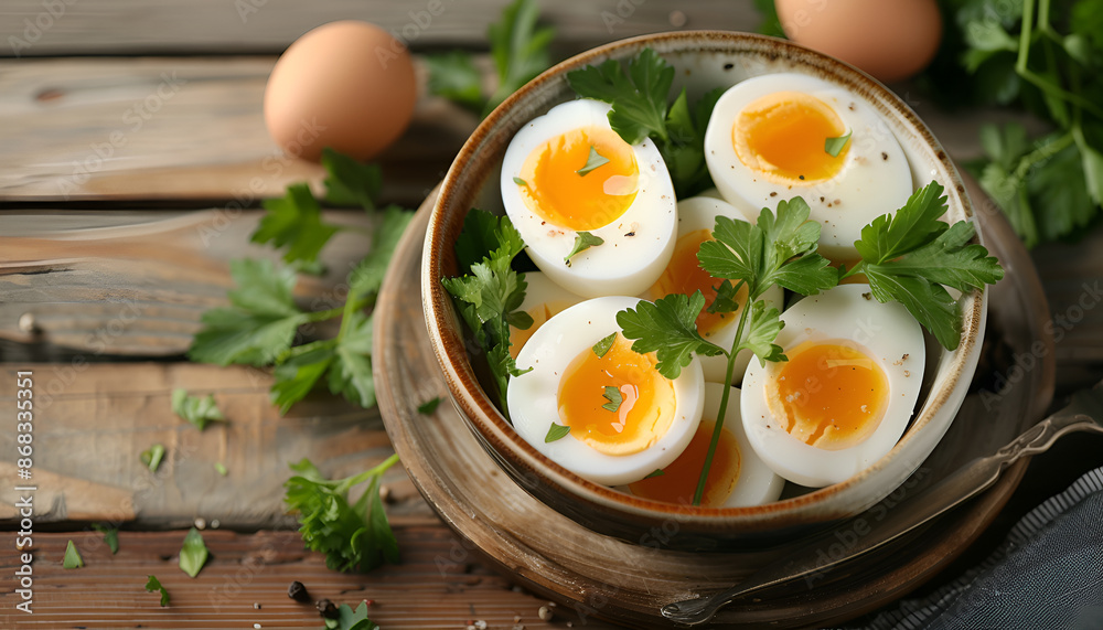 Boiled eggs in a bowl decorated with parsley leaves on wooden table Boiled eggs in a bowl decorated with parsley leaves on wooden table