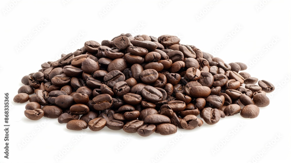 Pile of roasted coffee beans isolated on white background. Concept of caffeine, aroma, taste, energy, beverage. Pile of roasted coffee beans isolated on white background. Concept of caffeine, aroma, taste, energy, beverage.