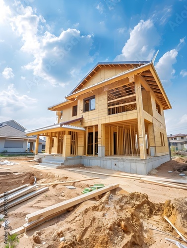 construction residential new house with prefabrication system in progress at building site