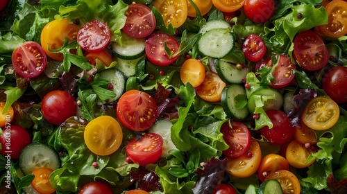 Fresh Colorful Vegetable Salad with Cherry Tomatoes, Cucumbers, and Leafy Greens - Perfect for Summer Picnics