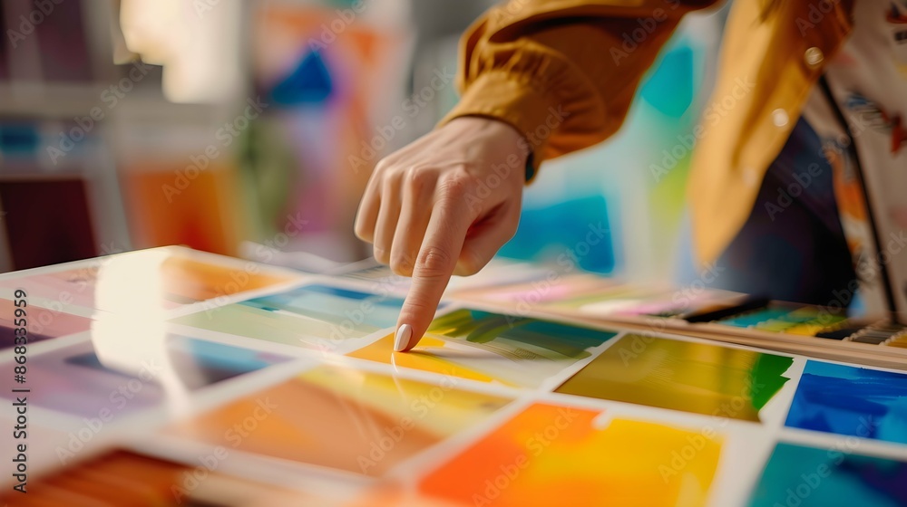 designer pointing to a preferred color in a palette designer pointing to a preferred color in a palette