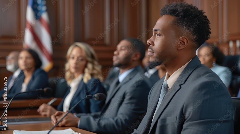 A group of people are sitting in a courtroom, with a man in a suit A group of people are sitting in a courtroom, with a man in a suit