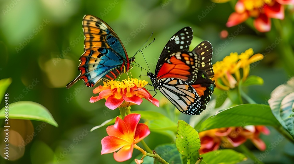 Fototapeta premium different species of butterflies sharing a flower