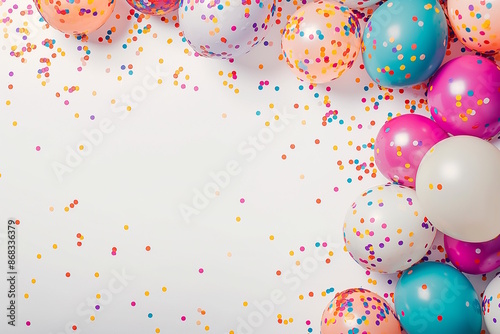 Colorful balloons and confetti against a white backdrop, concept of celebration, joy, and festive decorations
